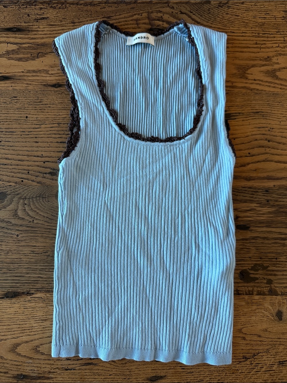 Sandro Light Blue Ribbed Tank with Brown Crochet Edge